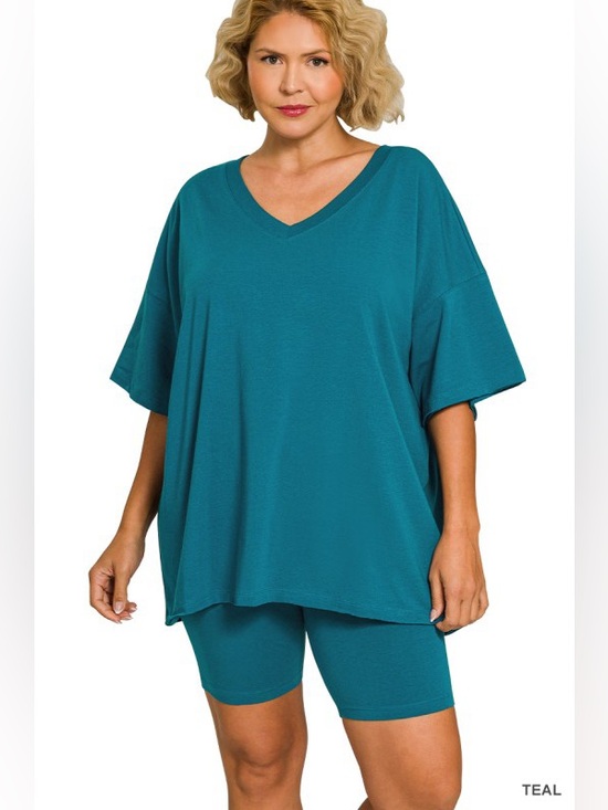 Zenana Outfitters Pants - Zenana Teal Plus Cotton V-neck Top & Biker Shorts Set